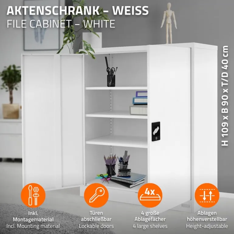 Aktenschrank abschließbar 90x40x109 cm Weiß aus Stahl ML-Design