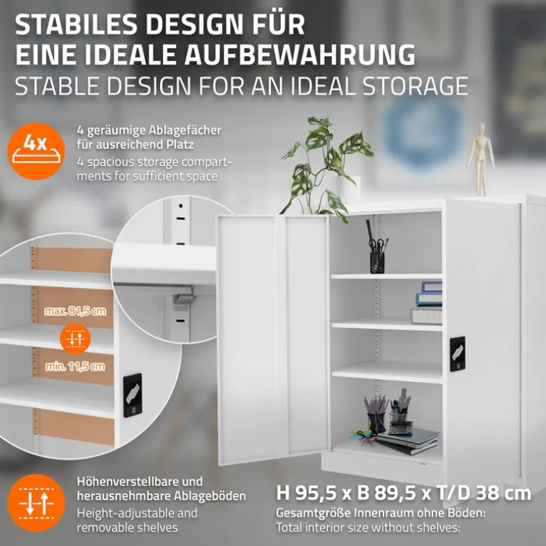 Aktenschrank abschließbar 90x40x109 cm Weiß aus Stahl ML-Design
