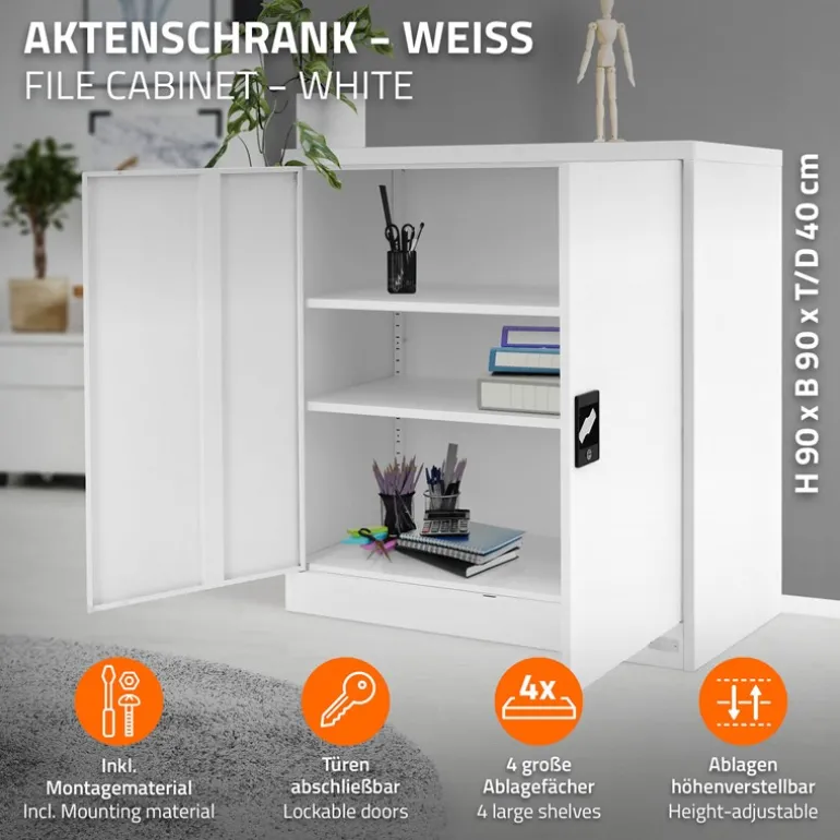 Aktenschrank abschließbar 90x40x90 cm Weiß aus Stahl ML-Design