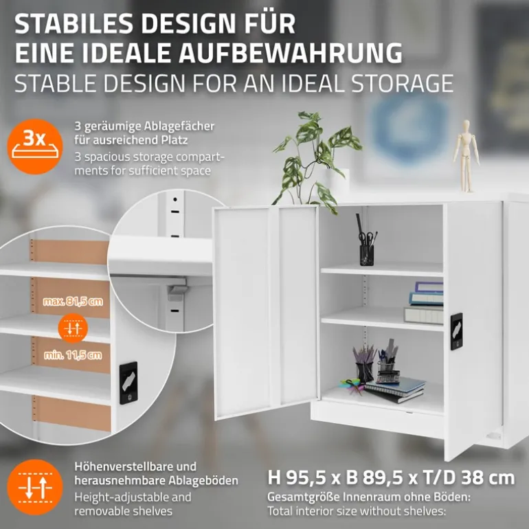 Aktenschrank abschließbar 90x40x90 cm Weiß aus Stahl ML-Design