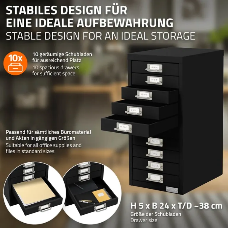 Aktenschrank mit 10 Schubladen 28x38x60 cm Schwarz aus Metall ML-Design