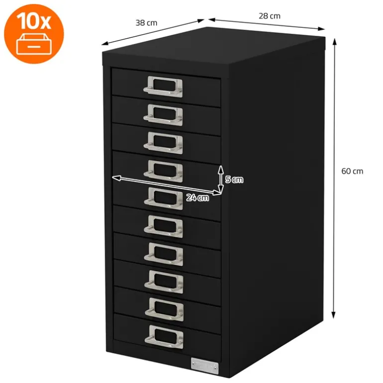 Aktenschrank mit 10 Schubladen 28x38x60 cm Schwarz aus Metall ML-Design