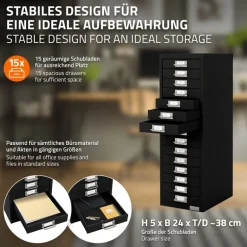 Aktenschrank mit 15 Schubladen 28x38x87 cm Schwarz aus Metall ML-Design