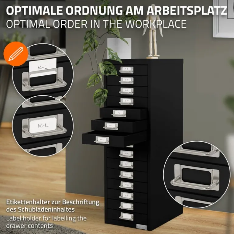Aktenschrank mit 15 Schubladen 28x38x87 cm Schwarz aus Metall ML-Design
