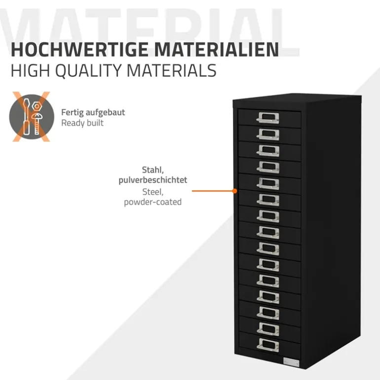 Aktenschrank mit 15 Schubladen 28x38x87 cm Schwarz aus Metall ML-Design