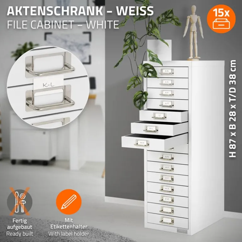 Aktenschrank mit 15 Schubladen 28x38x87 cm Weiß aus Metall ML-Design