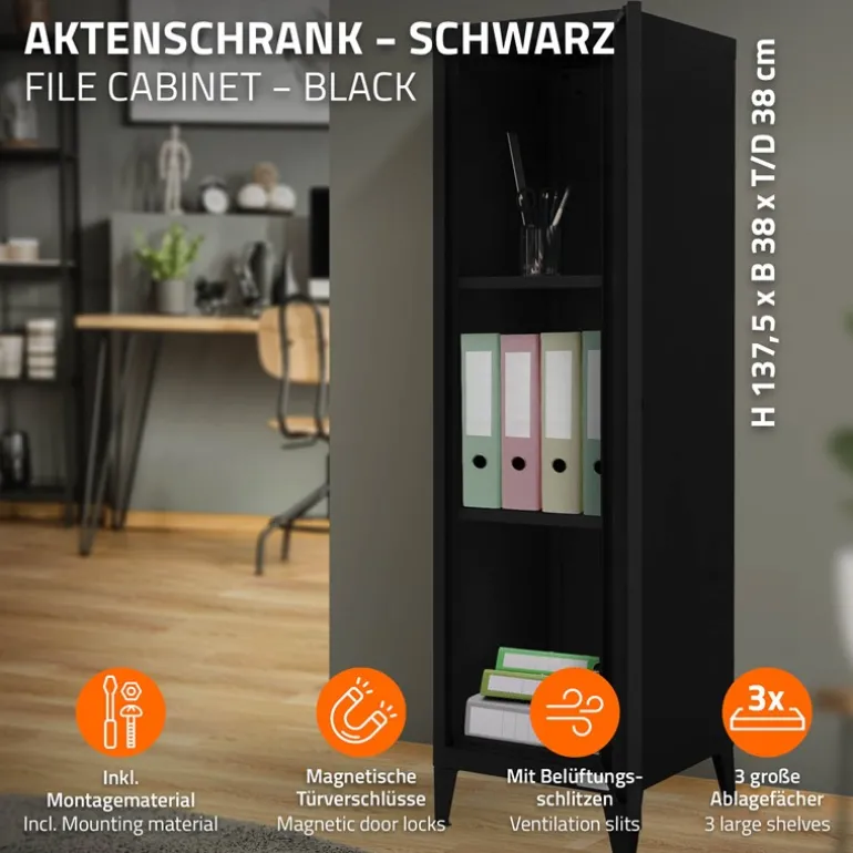 Aktenschrank Spindschrank 1-türig 38x38x137,5 cm Schwarz aus Stahl ML-Design