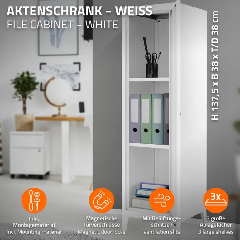 Aktenschrank Spindschrank 1-türig 38x38x137,5 cm Weiß aus Stahl ML-Design