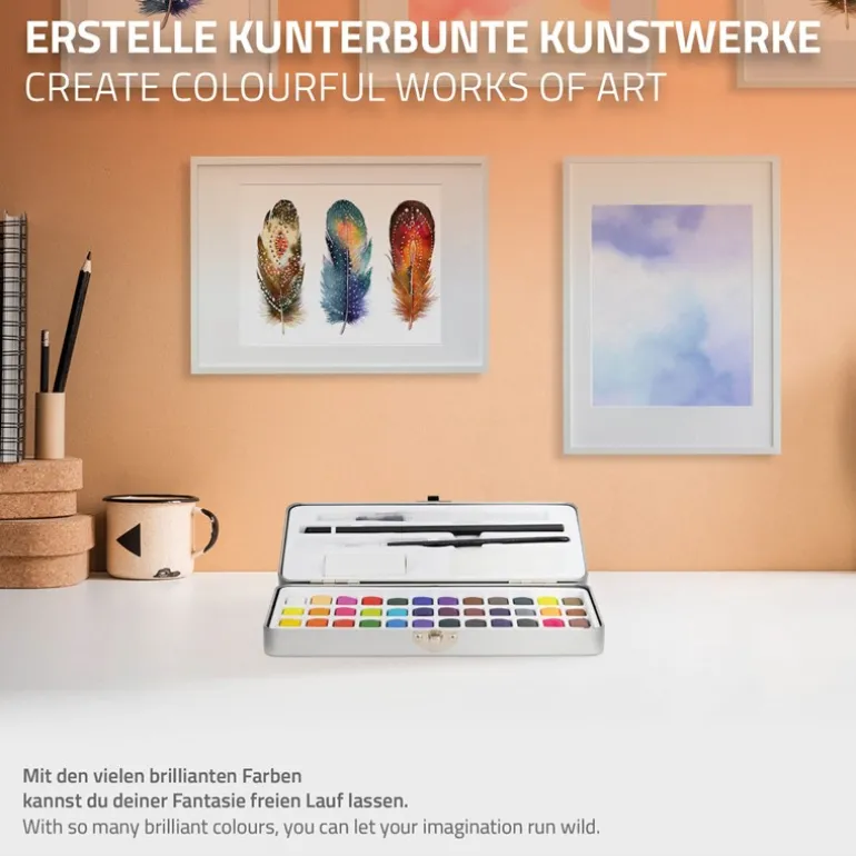 Aquarellfarben Malkasten 48 Farben in Metallbox Silber mit Zubehör