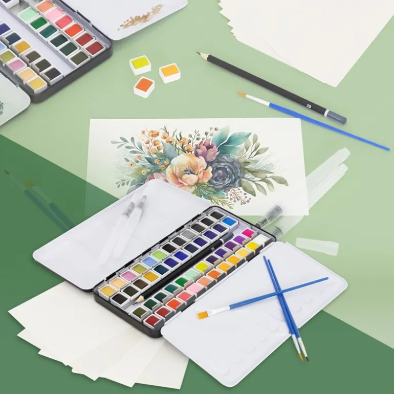Aquarellfarbkasten mit 48 Farben inklusive Pinsel und Papier Malkasten Set