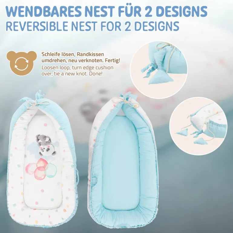 Babynest wendbarer Bezug 90x50 cm Hellblau aus Baumwolle Joyz