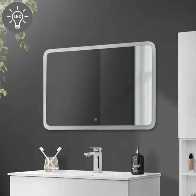 Badezimmer LED-Spiegel abgerundet mit Touchschalter 90x60 cm Weiß aus Glas ML-Design