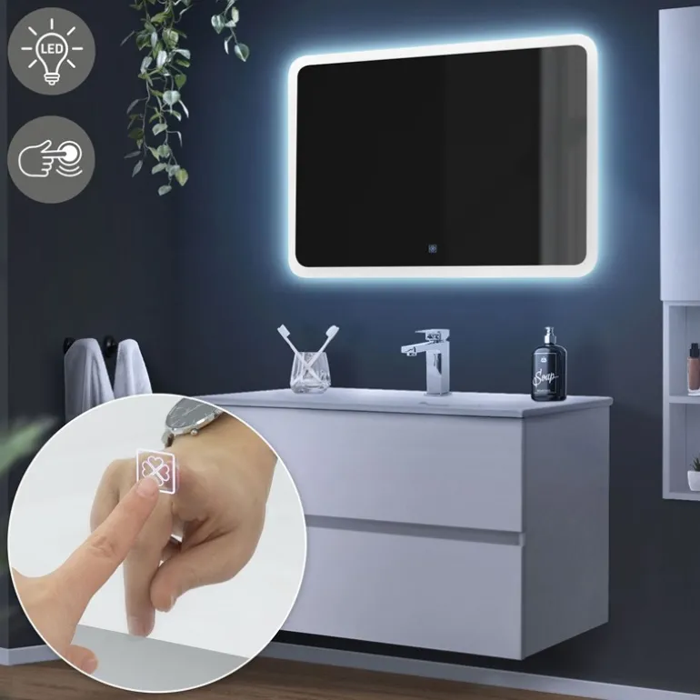Badezimmer LED-Spiegel abgerundet mit Touchschalter 90x60 cm Weiß aus Glas ML-Design