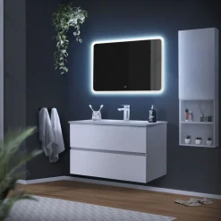 Badezimmer LED-Spiegel abgerundet mit Touchschalter 90x60 cm Weiß aus Glas ML-Design