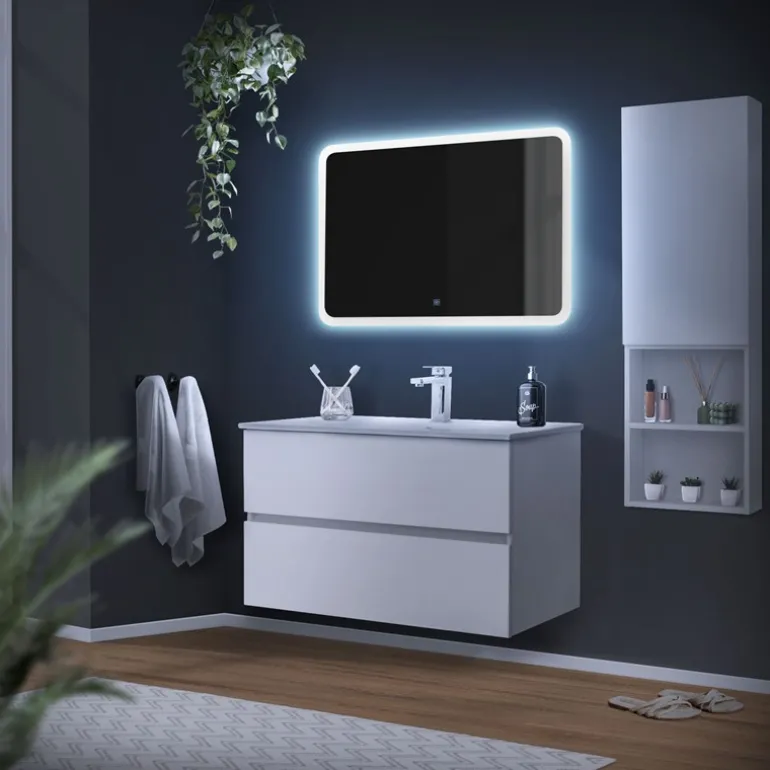 Badezimmer LED-Spiegel abgerundet mit Touchschalter 90x60 cm Weiß aus Glas ML-Design