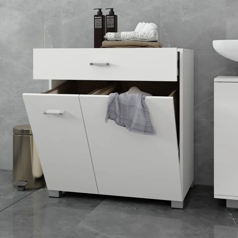 Badezimmerschrank Badschrank mit Wäschekorb 75x37x90 cm in Weiß ML-Design