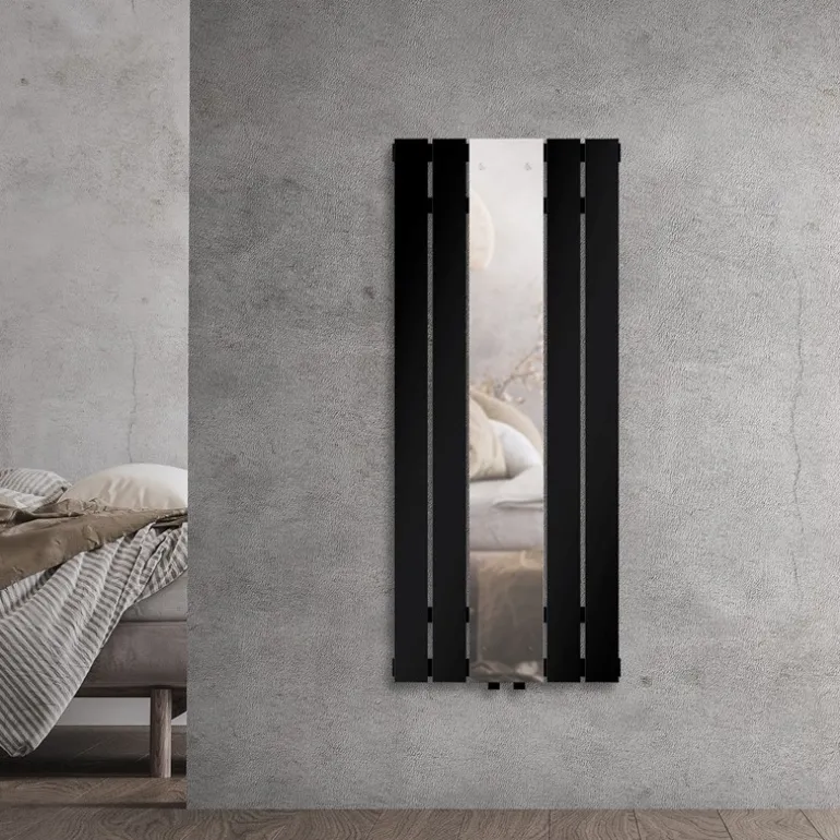 Badheizkörper Einlagig inkl. Spiegel 1200x450 mm Schwarz matt mit Mittelanschluss LuxeBath