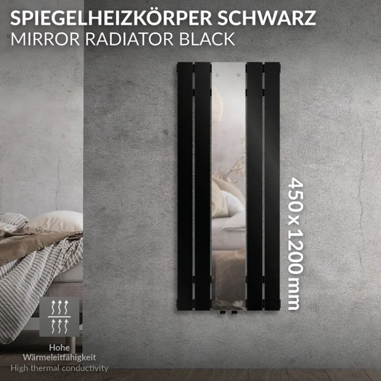 Badheizkörper Einlagig inkl. Spiegel 1200x450 mm Schwarz matt mit Mittelanschluss LuxeBath
