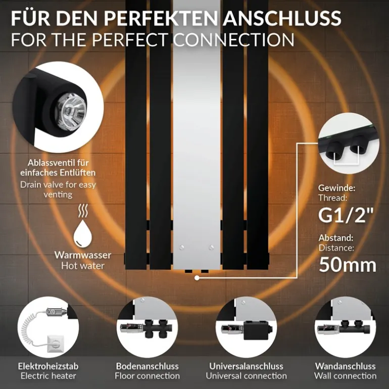 Badheizkörper Einlagig inkl. Spiegel 1200x450 mm Schwarz matt mit Mittelanschluss LuxeBath