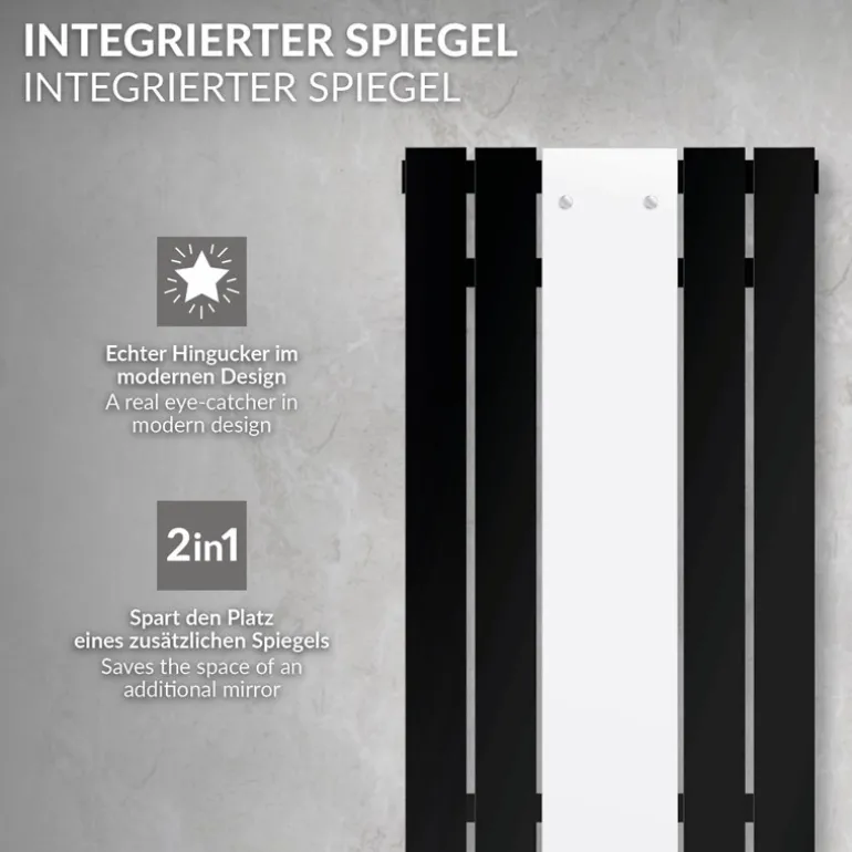 Badheizkörper Einlagig inkl. Spiegel 1200x450 mm Schwarz matt mit Mittelanschluss LuxeBath