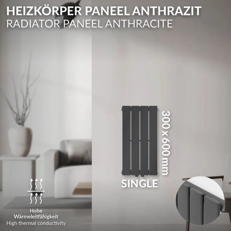 Badheizkörper Einlagig Vertikal 600x300 mm Anthrazit mit Mittelanschluss LuxeBath