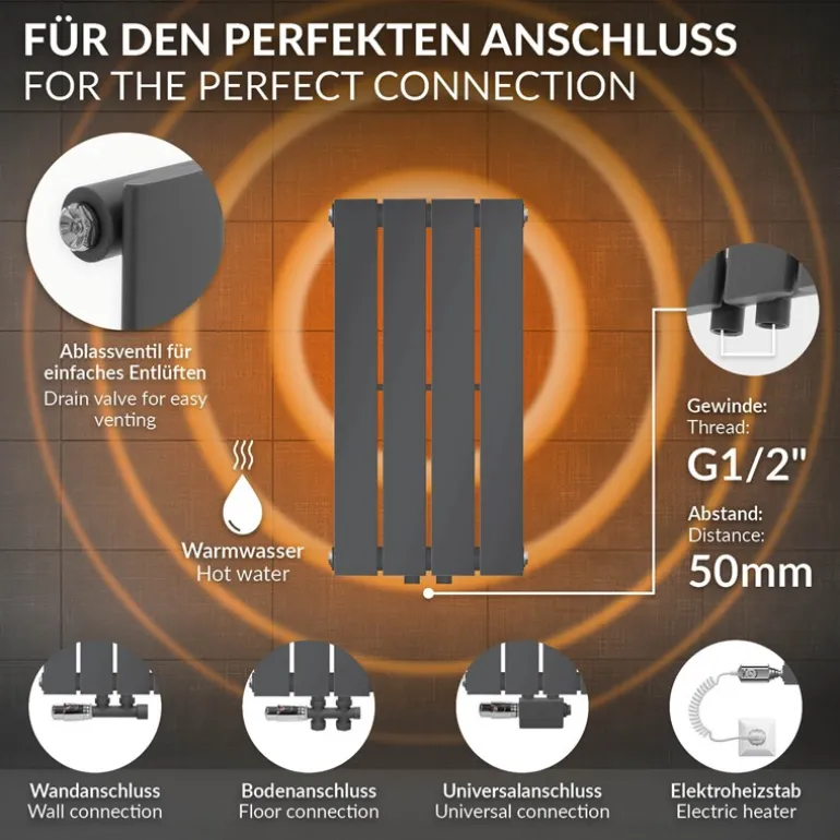 Badheizkörper Einlagig Vertikal 600x300 mm Anthrazit mit Mittelanschluss LuxeBath
