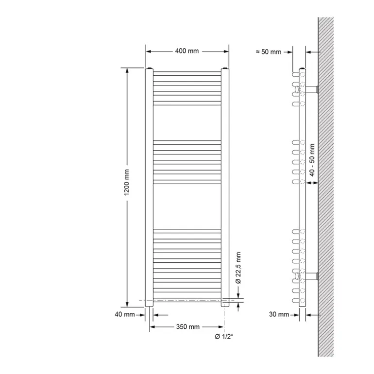 Badheizkörper Elektrisch mit Heizstab 1200W 400x1200 mm Chrome gebogen mit Seitenanschluss