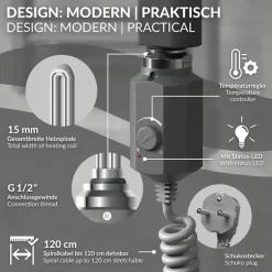 Badheizkörper Elektrisch mit Heizstab 1200W 500x1500 mm Anthrazit gerade mit Seitenanschluss