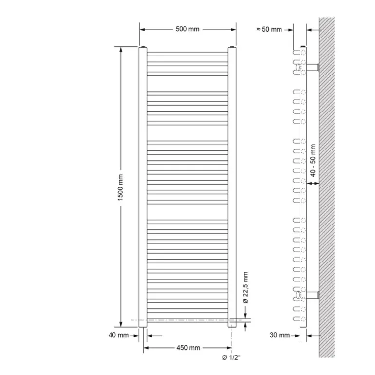 Badheizkörper Elektrisch mit Heizstab 1200W 500x1500 mm Chrome gebogen mit Seitenanschluss