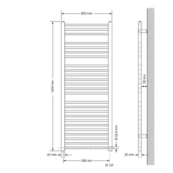Badheizkörper Elektrisch mit Heizstab 1200W 600x1500 mm weiß gerade mit Seitenanschluss