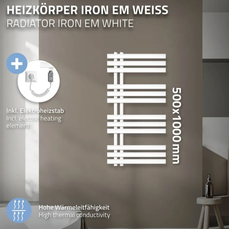 Badheizkörper Elektrisch mit Heizstab 300W 500x1000 mm Weiß