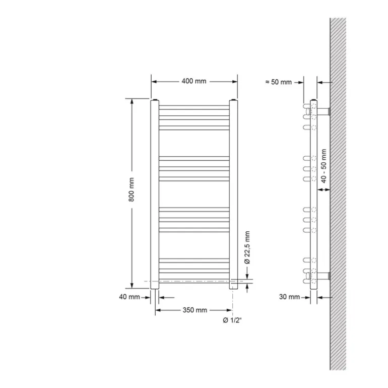 Badheizkörper Elektrisch mit Heizstab 600W 400x800 mm Anthrazit gebogen mit Seitenanschluss