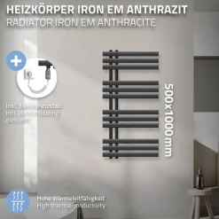 Badheizkörper Elektrisch mit Heizstab 600W 500x1000 mm Anthrazit