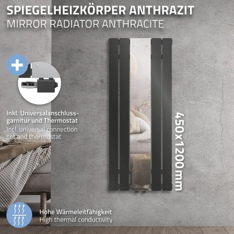 Badheizkörper Flach mit Spiegel und Universale Anschlussgarnitur 45x120 cm Anthrazit ML-Design