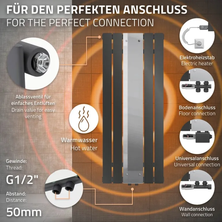 Badheizkörper Flach mit Spiegel und Wand Anschlussgarnitur 45x120 cm Anthrazit ML-Design