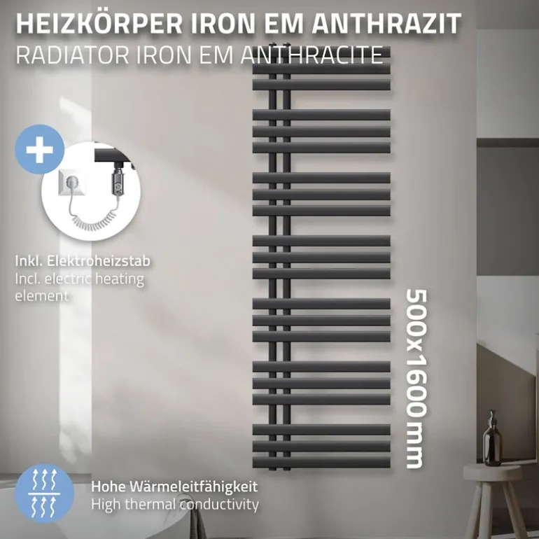 Badheizkörper Iron EM mit Heizstab 900W 500x1600 mm Anthrazit