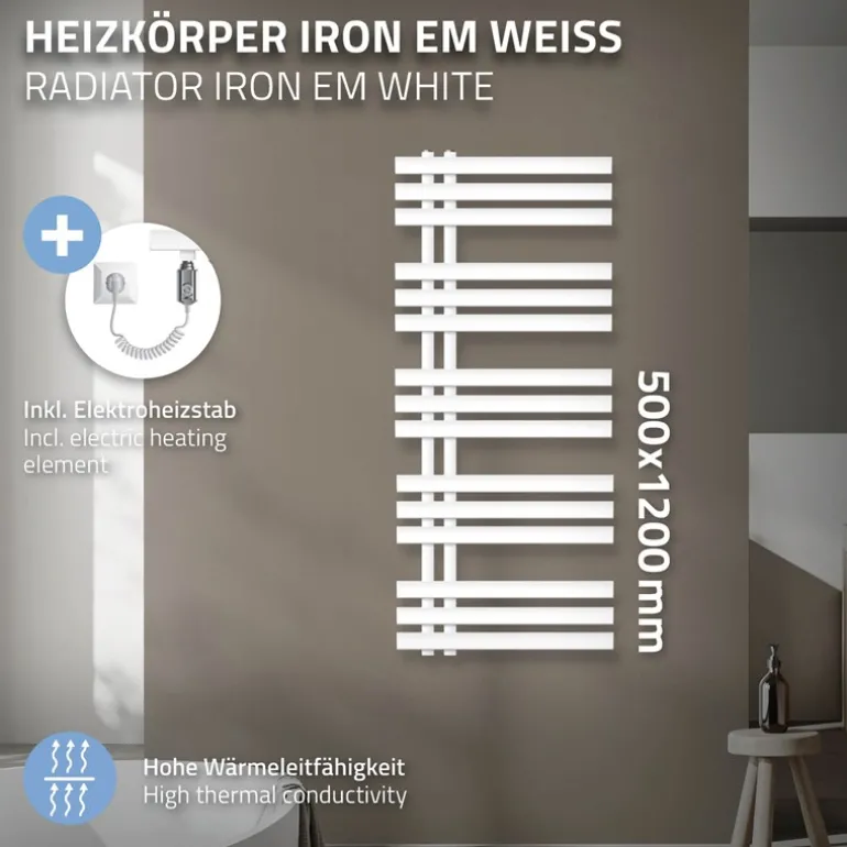 Badheizkörper Iron EM mit Heizstab 1200W 500x1200 mm Weiß