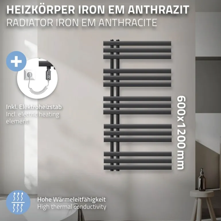 Badheizkörper Iron EM mit Heizstab 1200W 600x1200 mm anthrazit