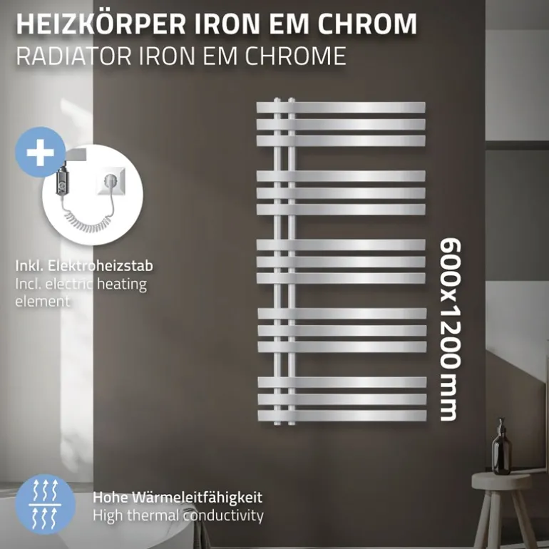 Badheizkörper Iron EM mit Heizstab 1200W 600x1200 mm Chrome