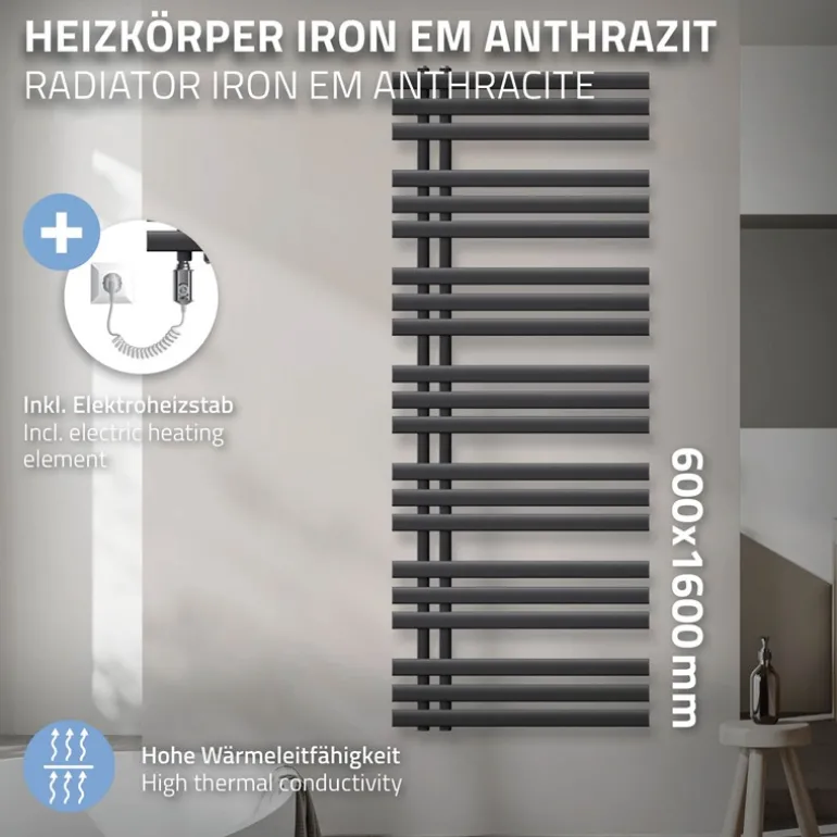 Badheizkörper Iron EM mit Heizstab 1200W 600x1600 mm Anthrazit