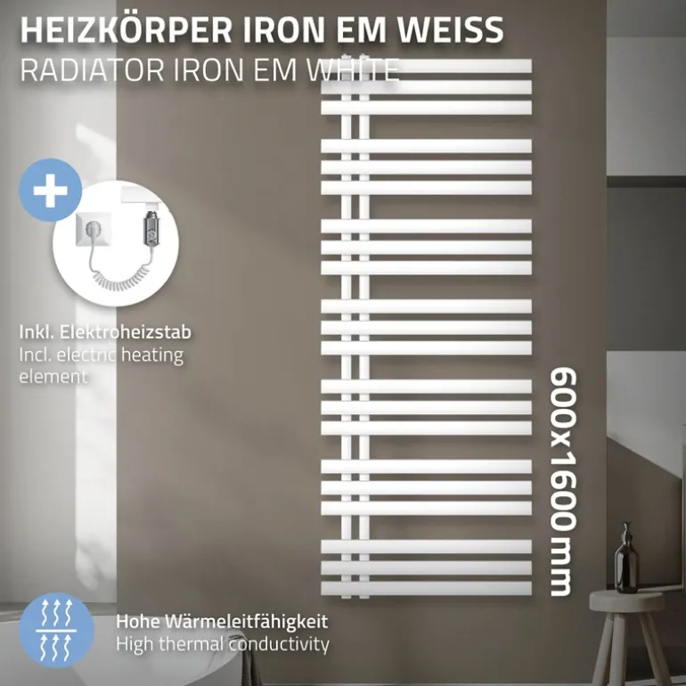 Badheizkörper Iron EM mit Heizstab 1200W 600x1600 mm Weiß