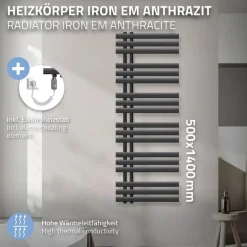 Badheizkörper Iron EM 500x1400 mm Anthrazit mit Heizstab 1200W
