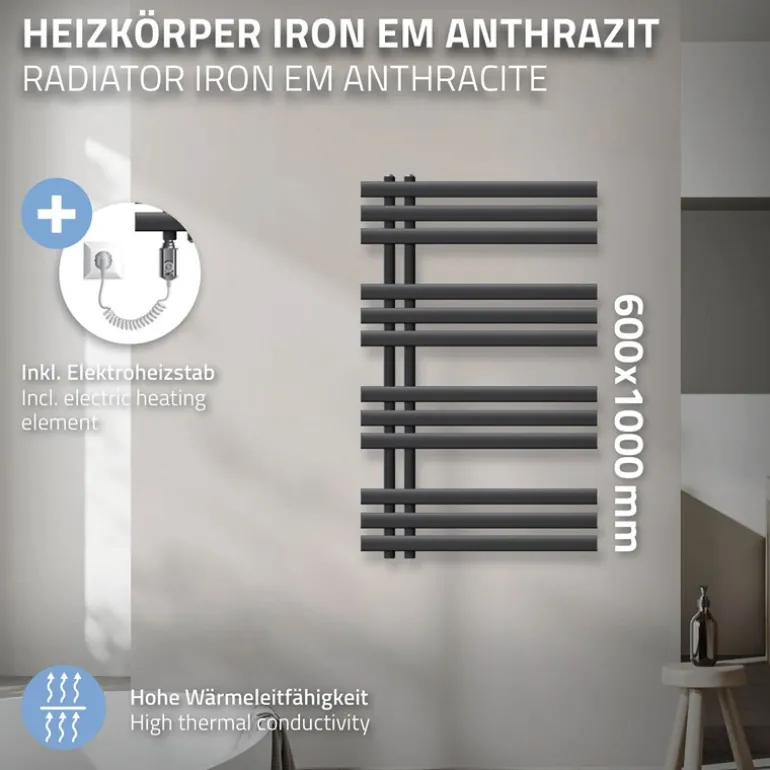 Badheizkörper Iron EM 600x1000 mm anthrazit mit Heizstab 600W