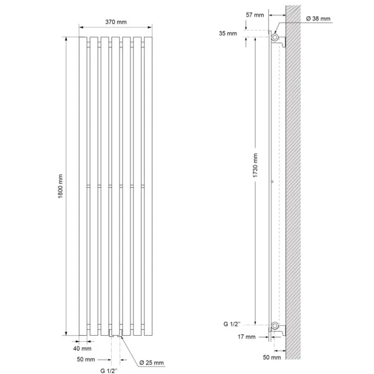 Badheizkörper mit Mittelanschluss 1800x370 mm Anthrazit vertikal LuxeBath