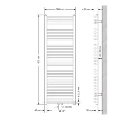 Badheizkörper mit Mittelanschluss 500x1500 mm Schwarz matt gebogen mit Universale Anschlussgarnitur LuxeBath
