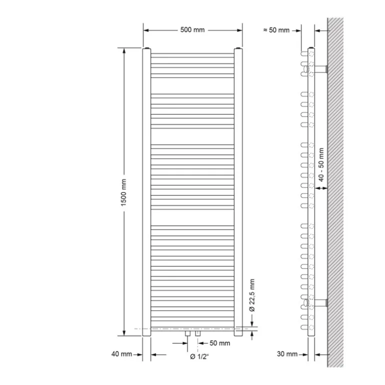 Badheizkörper mit Mittelanschluss 500x1500 mm Schwarz matt gebogen mit Universale Anschlussgarnitur LuxeBath