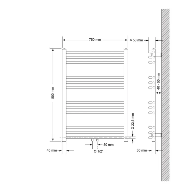 Badheizkörper Mittelanschluss 750x800 mm Schwarz matt gebogen mit Universale Anschlussgarnitur LuxeBath