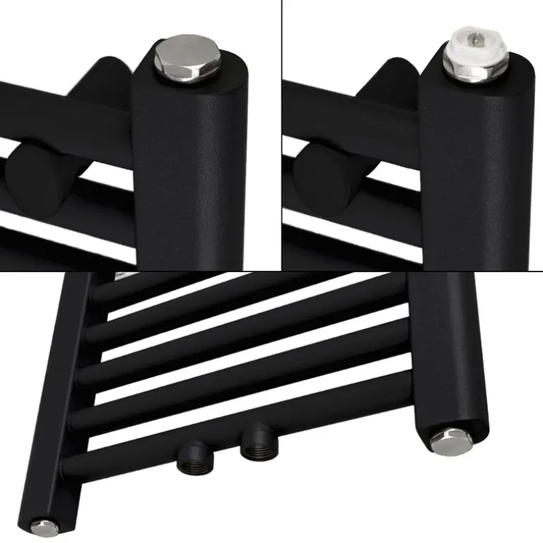 Badheizkörper Mittelanschluss 750x800 mm Schwarz matt gebogen mit Wand Anschlussgarnitur LuxeBath
