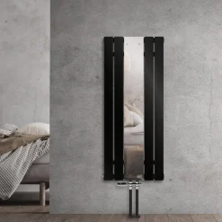 Badheizkörper Mittelanschluss mit Spiegel 450x1200 mm Schwarz inkl. Bodenanschlussgarnitur mit Thermostat LuxeBath