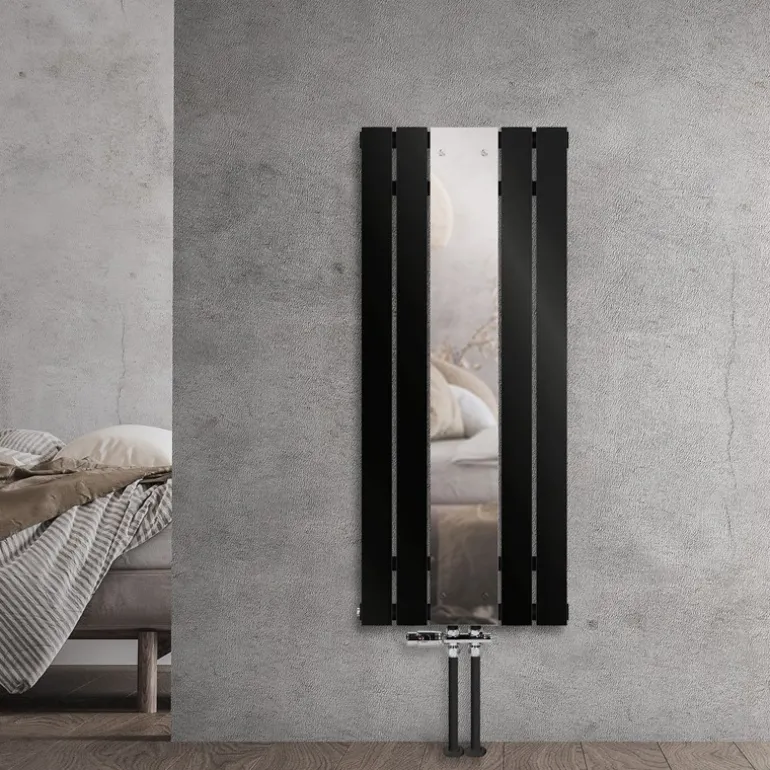 Badheizkörper Mittelanschluss mit Spiegel 450x1200 mm Schwarz inkl. Bodenanschlussgarnitur mit Thermostat LuxeBath